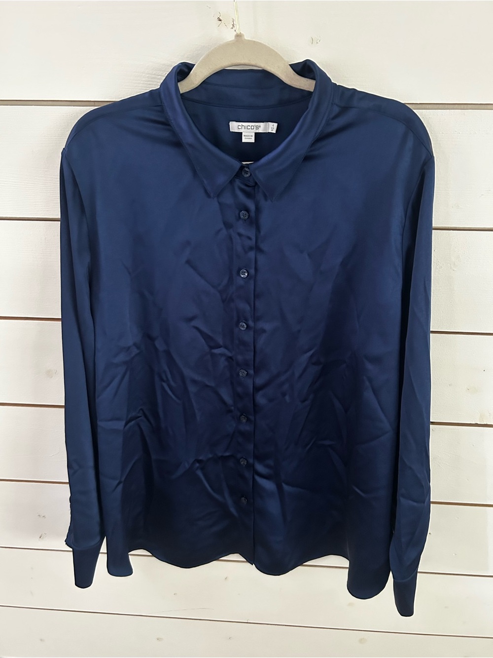 Chico's Navy Satin Button-Front Long-Sleeve Blouse Size 4 (US 20)